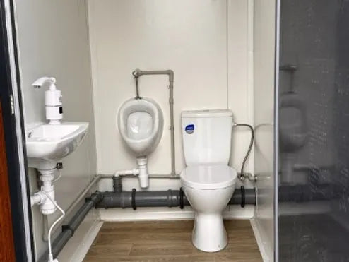 Contenedor sanitario tipo pabellón con 3 cabinas independientes